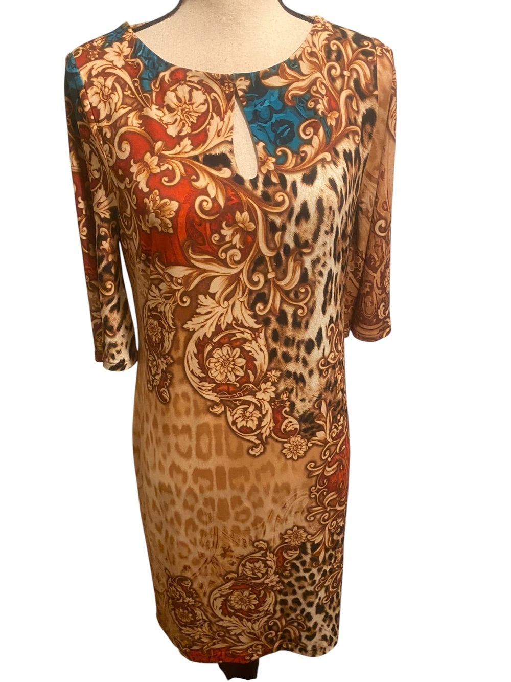 Chicos Women's Midi Shift Dress Animal Print Baroque Keyhole Chest New size 4/6